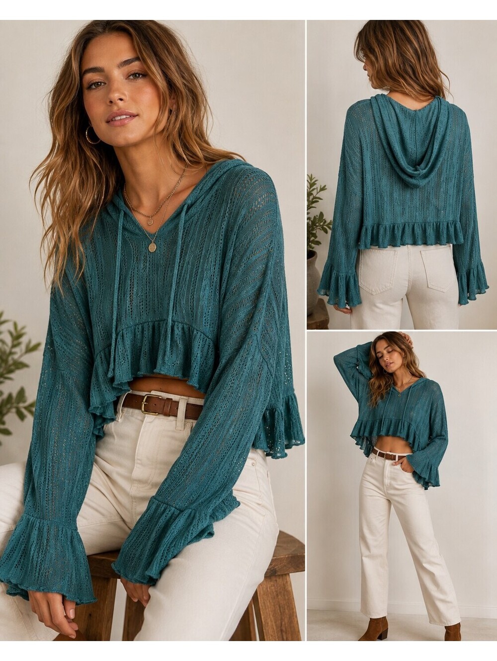 Urban Outfitters NWT L Teal Open Knit Cropped Hoodie Ruffle Bell Sleeve Boho - Picture 1 of 9